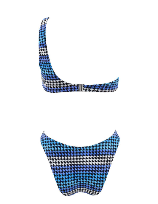 One shoulder blue plaid Bikini
