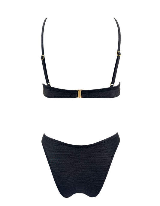 Ruffled shiny black underwire Bikini