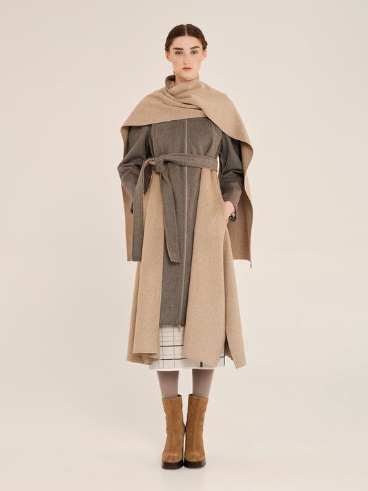 Sculptures Long Coat With Attached Scarf