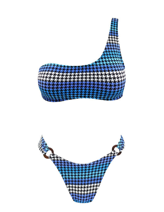 One shoulder blue plaid Bikini