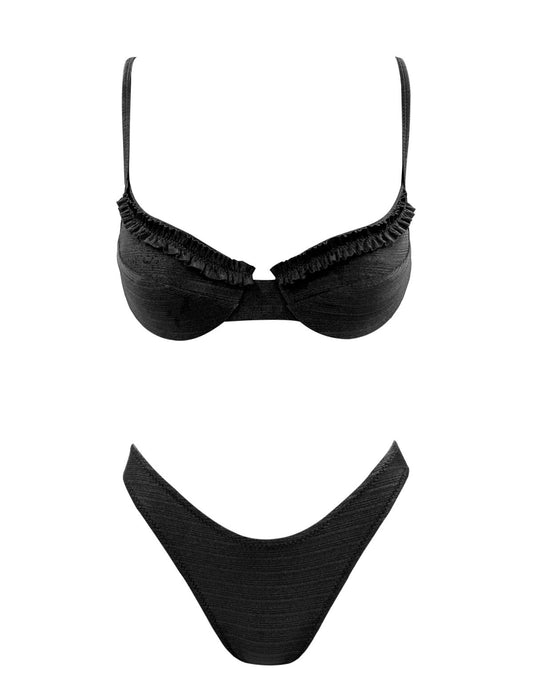 Ruffled shiny black underwire Bikini